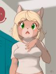  2020 ajin anthro blonde_hair blush breasts clothed clothing female green_eyes hair hi_res mammal open_mouth school solo species_request 