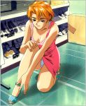  1990s_(style) 1girl blonde_hair blue_footwear breasts cleavage dress hand_on_own_knee lowres official_art open_toe_shoes panties pantyshot pink_dress short_dress short_hair solo takeuchi_ayumi underwear white_panties yamada_masaki zenkoku_seifuku_bishoujo_grand_prix 