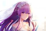  1girl bare_shoulders breasts bridal_veil cleavage collarbone commentary_request dress flower hair_flower hair_ornament hand_on_own_chest large_breasts light_blush light_smile long_hair patchouli_knowledge purple_eyes purple_flower purple_hair purple_wedding_dress sea_scorpion_(umisasori) solo strapless strapless_dress touhou veil wedding_dress 