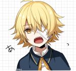  1boy bandage_over_one_eye blonde_hair blue_capelet capelet commentary fangs grid_background looking_at_viewer male_focus minahoshi_taichi neck_ribbon oliver_(vocaloid) open_mouth ribbon shirt solo translated twitter_username upper_body vocaloid white_shirt yellow_eyes yellow_neckwear 