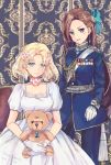  2girls black_pants blonde_hair blue_bow blue_eyes blush bow brown_hair cake_no_shaberu choker dress flower gloves hair_bow hair_flower hair_ornament highres indoors katarina_claes long_hair looking_at_viewer maria_campbell medal military military_uniform multiple_girls otome_game_no_hametsu_flag_shika_nai_akuyaku_reijou_ni_tensei_shite_shimatta pants sitting stuffed_animal stuffed_toy teddy_bear uniform white_choker white_dress white_gloves 