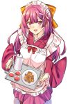  1girl :d alternate_costume apron black_tea blush cookie cup drink enmaided eyebrows_visible_through_hair food hair_ribbon hakama holding japanese_clothes kamikaze_(kantai_collection) kantai_collection kimono long_hair long_sleeves maid maid_headdress meiji_schoolgirl_uniform open_mouth pink_hakama purple_eyes purple_hair purple_kimono ribbon shirokuma_a simple_background smile solo tea wa_maid white_apron white_background white_ribbon wide_sleeves 