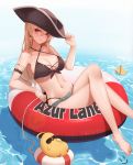  1girl azur_lane bare_arms bare_legs bare_shoulders barefoot bikini bird black_bikini black_headwear breasts cleavage collarbone commentary_request earrings eyebrows_visible_through_hair grey_shorts hair_between_eyes hand_on_headwear highres holding_rope innertube jean_bart_(azur_lane) jewelry long_hair looking_at_viewer manjuu_(azur_lane) navel necklace open_clothes open_shorts red_eyes revision short_shorts shorts sitting swimsuit water wei_xiao 