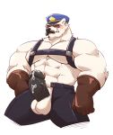  2020 absurd_res anthro balls barazoku blush bottomwear clothing erection eyewear facial_hair fur genitals glasses hi_res humanoid_genitalia humanoid_hands humanoid_penis jumperbear kemono league_of_legends male mammal muscular muscular_male mustache pants penis polar_bear police police_hat riot_games simple_background solo ursid ursine video_games volibear white_background white_body white_fur 