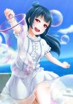  1girl bubble dark_blue_hair dress half-closed_eyes highres long_hair looking_at_viewer love_live! love_live!_sunshine!! open_mouth prbili purple_eyes short_sleeves side_bun smile solo tsushima_yoshiko white_dress 