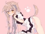  1girl all_fours ana_(rznuscrf) animal_ears blush bone_hair_ornament brown_hair chain collar dog_collar dog_ears dog_tail long_hair maid maid_dress orange_eyes original pet_collar puffy_short_sleeves puffy_sleeves short_sleeves sweatdrop tail 