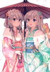  2girls aqua_kimono braid braided_bangs brown_eyes eyebrows_visible_through_hair flower gocoli grey_hair hagoita hair_flower hair_ornament hair_ribbon hair_tie highres hisakawa_hayate hisakawa_nagi holding holding_umbrella idolmaster idolmaster_cinderella_girls idolmaster_cinderella_girls_starlight_stage japanese_clothes kimono long_hair looking_at_viewer low_twintails multiple_girls open_mouth oriental_umbrella paddle pink_kimono ribbon siblings simple_background sisters tareme twins twintails umbrella white_background yukata 