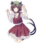  1girl animal_ears blouse bow bowtie brown_eyes brown_hair cat_ears cat_tail chen earrings green_headwear hat highres hoop_earrings jewelry long_sleeves mob_cap multiple_tails red_skirt red_vest simple_background single_earring skirt solo tail touhou two_tails uranaishi_(miraura) vest white_background white_blouse white_neckwear 