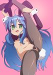  1girl absurdres ahoge animal_ears black_legwear black_neckwear blue_hair blush bow bowtie breasts bunny_ears bunny_girl cameltoe covered_nipples eyebrows_visible_through_hair fake_animal_ears green_eyes heart_pasties highres izumi_konata leg_up long_hair looking_at_viewer lucky_star meme_attire namida_boshi navel open_mouth pantyhose pasties pink_background pussy_peek reverse_bunnysuit reverse_outfit shiny shiny_clothes shiny_hair shiny_skin simple_background small_breasts solo split standing standing_on_one_leg standing_split sweat 