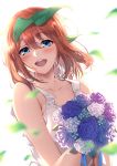  1girl :d bangs blue_eyes blurry_foreground bouquet bow brown_hair collarbone dress eyebrows_visible_through_hair floating_hair flower go-toubun_no_hanayome hair_between_eyes highres holding holding_bouquet kagari_leroy long_hair looking_at_viewer nakano_yotsuba open_mouth purple_flower shiny shiny_hair sleeveless sleeveless_dress smile solo sundress white_background white_bow white_dress white_flower 