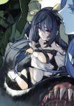  1girl bangs belt blue_eyes blue_hair breasts choker cleavage dizzy_(guilty_gear) guilty_gear hair_between_eyes hair_ribbon large_breasts long_hair looking_at_viewer maka_(morphine) monster_girl necro_(guilty_gear) red_eyes ribbon skindentation tail tail_mouth thick_eyebrows thick_thighs thigh_strap thighhighs thighs undine_(guilty_gear) yellow_ribbon 
