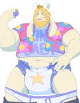  absurd_res asgore_dreemurr beard blush bodily_fluids boss_monster bovid caprine clothing crown daire301 diaper english_text facial_hair flower hi_res horn long_ears male mammal navel pacifier plant saliva shirt simple_background solo standing star text topwear undertale underwear video_games white_background 