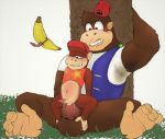  anthro ape balls banana big_balls big_penis blush bodily_fluids chunky_kong clothed clothing cum cum_inside diddy_kong donkey_kong_(series) duo ejaculation food fruit genital_fluids genitals gorilla haplorhine hat headgear headwear jacket male male/male mammal monkey nintendo outside penis plant prehensile_feet primate scruffyboy1 shirt size_difference small_balls small_penis sweat tank_top topwear video_games 