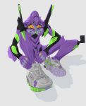 (stag) absurdres armor eva_01 highres horns mecha neon_genesis_evangelion no_humans shadow shoes simple_background single_horn sitting sneakers tying_shoes 