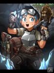  1boy animal blue_eyes blue_hair cave cave_interior child gem googles highres kaminosaki1 mining open_eyes open_mouth original pickaxe teeth 