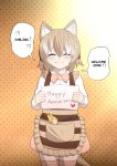  1girl animal_ears apron arkeden_razeare bad_id bad_pixiv_id bags_under_eyes bow bowtie brown_eyes character_doll empty_eyes english_text hair_between_eyes holding holding_sign light_brown_hair long_sleeves looking_at_viewer multicolored_hair serval_(kemono_friends) shirt short_hair sign skirt smile solo speech_bubble standing thighhighs thylacine_(kemono_friends) thylacine_ears thylacine_tail white_hair 