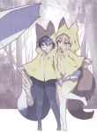  2girls :o black_hair black_skirt blonde_hair ezo_red_fox_(kemono_friends) forest fox_girl fox_tail full_body highres holding holding_umbrella kemono_friends kolshica leg_up multiple_girls muted_color nature outdoors pale_background pleated_skirt rain raincoat silver_fox_(kemono_friends) skirt smile standing standing_on_one_leg tail umbrella white_skirt yellow_eyes yellow_legwear yellow_raincoat 