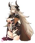 1girl absurdres ahoge armor artpatient bikini_armor breasts cape chained_wrists energy_whip faucre gauntlets hair_between_eyes highres holding_whip large_breasts last_origin long_hair looking_at_viewer orange_eyes pauldrons revealing_clothes shoulder_armor shoulder_spikes spikes string_bra very_long_hair 