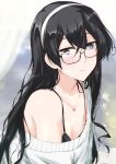  1girl alternate_costume bangs bare_shoulders black-framed_eyewear black_bra black_hair blue_eyes blush bra breasts commentary_request eyebrows_visible_through_hair glasses hair_between_eyes hairband kantai_collection long_hair looking_at_viewer mikage_takashi off-shoulder_shirt off_shoulder ooyodo_(kantai_collection) shirt simple_background small_breasts smile solo underwear upper_body white_hairband white_shirt 