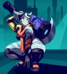  anthro blue_body blue_eyes blue_fur boots breasts city clothed clothing female footwear fully_clothed fur gloves handwear hi_res lombax mammal medium_breasts prosthetic prosthetic_arm prosthetic_limb ratchet_and_clank riendonut rift_apart_lombax scarf solo thick_thighs video_games weapon_on_shoulder white_body white_fur 