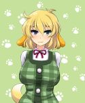  1girl :3 ahoge animal_ears arms_behind_back blonde_hair blush breasts buttons collar cosplay crossover dog_ears dog_girl dog_tail doubutsu_no_mori green_background heterochromia highres kuron_hakaisha large_breasts looking_at_viewer plaid plaid_jacket red_ribbon ribbon ryouna_(senran_kagura) senran_kagura shirt shizue_(doubutsu_no_mori) short_hair simple_background solo standing tail twintails white_collar white_shirt 