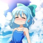  1girl adapted_costume anime_coloring armpits blue_hair blush bow cato_(monocatienus) cirno closed_eyes cloud collarbone commentary dress dripping flat_chest frown hair_bow halterneck ice ice_wings lens_flare melting short_hair sky solo strapless strapless_dress summer sundress sunlight sweat touhou upper_body water_drop wavy_mouth wince wings 