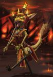  anthro clothing female fire happy hi_res high_collar jewelry mammal melee_weapon necklace oniontrain out-of-placers robe solo staff sword tail_tuft tuft weapon webcomic yinglet 