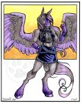  anthro big_breasts bottomwear breasts cleavage clothed clothing cybercat equid equine feathered_wings feathers female hooves horse leather mammal pegasus pose simple_background skimpy skirt solo wings 