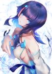  1girl bangs bare_shoulders black_hair blue_eyes blue_ribbon blush breasts closed_mouth collarbone dqn_(dqnww) dress fate/grand_order fate/requiem fate_(series) jewelry long_sleeves looking_at_viewer magatama magatama_hair_ornament medium_breasts medium_hair multicolored_hair necklace pink_hair puffy_long_sleeves puffy_sleeves ribbon short_dress sideboob sideless_outfit streaked_hair utsumi_erise white_dress 