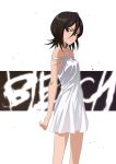  1girl arms_at_sides bangs bare_shoulders black_hair bleach bob_cut breasts commentary copyright_name cowboy_shot dress furrowed_eyebrows hair_between_eyes kuchiki_rukia looking_at_viewer looking_to_the_side parted_lips puma_(hyuma1219) purple_eyes short_dress short_hair sleeveless sleeveless_dress small_breasts solo standing white_background white_dress 