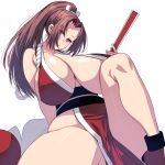  1girl breasts brown_eyes brown_hair commentary_request curvy fan fatal_fury high_ponytail highres huge_breasts japanese_clothes long_hair looking_at_viewer masao plump ponytail shiranui_mai simple_background solo the_king_of_fighters thick_thighs thighs 