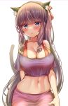  1girl animal_ear_fluff animal_ears bare_shoulders black_shirt blue_eyes blush bra bra_strap breasts brown_hair cat_ears cat_girl cat_tail cleavage collarbone crop_top extra_ears fake_animal_ears hair_ribbon hairband highres kaptivate kemonomimi_mode large_breasts long_hair looking_at_viewer midriff mole mole_on_breast navel new_game! off-shoulder_shirt off_shoulder parted_lips pink_skirt ponytail red_bra ribbon shirt short_sleeves sidelocks skirt slit_pupils solo stomach tail tail_raised takimoto_hifumi taut_clothes taut_shirt underwear upper_body very_long_hair 