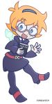  1girl artist_name belt blue_eyes book commentary english_commentary eyebrows_visible_through_hair freckles full_body furiousth glasses hairband little_witch_academia looking_at_viewer lotte_jansson luna_nova_school_uniform open_mouth orange_hair parody puyopuyo red_belt school_uniform short_hair smile solo spirit style_parody transparent_background watermark waving wide_sleeves 