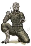  3_fingers 3_toes absurd_res alien antian claws clothed clothing feet female fingers hi_res humanoid kaleria_zerkius looking_at_viewer military open_mouth rollwulf scales solo toes uniform weapon 