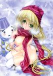  :o absurdres animal_ears between_breasts blonde_hair boots breasts candy cat_ears chocolate chocolate_heart crossed_arms food from_above green_eyes hat heart highres large_breasts long_hair looking_at_viewer nipples original ramiya_ryou red_neckwear scan scarf sitting snowman thighhighs very_long_hair wariza white_legwear 
