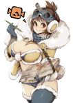  1girl blue_legwear book bookmark breasts brown_hair cleavage commentary fur-trimmed_legwear fur_trim gloves goggles grin handler_(monster_hunter_world) highres icon large_breasts looking_at_viewer midriff monster_hunter monster_hunter:_world pen red_eyes short_hair simple_background slugbox smile solo sweat thighhighs thighs white_background 