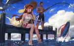  1boy 1girl absurdres bare_legs bird blue_eyes blue_sky brown_hair cloud cooler danann denim denim_shorts fishing_rod halter_top halterneck hat highres jacket long_hair navel ocean original pier purple_shorts red_hair seagull shirt short_hair shorts sky sun_hat tied_shirt yellow_jacket 