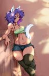  2016 animal_humanoid bottomwear breasts brown_body brown_eyes brown_skin canid canid_humanoid canine canine_humanoid cleavage clothed clothing eyebrows eyelashes female hair hotpants humanoid krakenparty leg_warmers legwear mammal mammal_humanoid navel not_furry nova_(krakenparty) outside purple_hair shirt shorts simple_background solo topwear traditional_media_(artwork) wolf_humanoid 