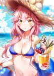  1girl animal_ear_fluff animal_ears bangs bare_shoulders bikini blue_bikini blue_sky blush bracelet breasts cleavage closed_mouth cloud collarbone cup day dessert ears_through_headwear eyebrows_visible_through_hair fate/grand_order fate_(series) food fox_ears fruit grapes hair_between_eyes hair_intakes halterneck hat holding holding_cup horizon ice_cream innertube jewelry large_breasts long_hair looking_at_viewer navel ocean orange orange_slice outdoors pink_hair pocky rangu sky smile solo starfish stomach straw_hat strawberry string_bikini swimsuit tamamo_(fate)_(all) tamamo_no_mae_(swimsuit_lancer)_(fate) underboob upper_body water yellow_eyes 