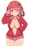  1girl bangs bat_hair_ornament blush breasts cleavage closed_mouth collarbone cowboy_shot eyebrows_visible_through_hair fang gabriel_dropout hair_between_eyes hair_ornament hair_rings hand_on_hip hand_up highres jacket kurumizawa_satanichia_mcdowell large_breasts long_sleeves looking_at_viewer navel nervous_smile no_bra no_pants nyaroon open_clothes open_jacket panties purple_eyes purple_panties red_hair red_jacket shiny shiny_hair shiny_skin simple_background skin_fang sleeves_past_wrists solo thighs underwear unzipped white_background wide_hips zipper zipper_pull_tab 