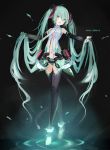  1girl absurdly_long_hair anklet aqua_eyes aqua_hair bare_shoulders barefoot belt black_background black_gloves black_legwear blush character_name commentary elbow_gloves full_body gloves glowing hair_ornament hatsune_miku hatsune_miku_(append) head_tilt holding holding_hair jewelry long_hair looking_at_viewer midriff_cutout necktie nuudoru open_mouth outstretched_arms ripples shirt sleeveless sleeveless_shirt thighhighs twintails very_long_hair vocaloid vocaloid_append white_shirt 