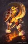  anthro armband blonde_hair bra canid canine clothing female fire fox fur hair jesonite looking_at_viewer looking_back mammal melee_weapon pouch_(anatomy) pouch_purse shield skimpy_armor soliana_valstrom solo soulblader sword tattoo text thong underwear url weapon yellow_body yellow_fur 