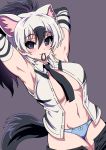  1girl aardwolf_(kemono_friends) aardwolf_ears aardwolf_print aardwolf_tail animal_ear_fluff animal_ears animal_print armpits arms_behind_head arms_up black_eyes black_hair black_neckwear black_shorts bow bow_panties closed_mouth collared_shirt cowboy_shot dutch_angle elbow_gloves extra_ears eyebrows_visible_through_hair gloves grey_background grey_hair hair_between_eyes high_ponytail highres kemono_friends long_hair looking_at_viewer medium_hair mouth_hold multicolored_hair navel necktie no_bra open_clothes open_fly open_shirt open_shorts panties print_gloves print_shirt quatre_aaaa shirt shorts shorts_pull simple_background sleeveless sleeveless_shirt solo stomach tail two-tone_hair tying_hair unbuttoned underwear wing_collar 