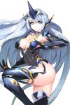  1girl armpits black_gloves blue_eyes breasts cleavage elbow_gloves gloves highres hildegard_(soccer_spirits) horns large_breasts leotard long_hair looking_at_viewer mecha_musume silver_hair single_horn snowball22 soccer_spirits solo thighhighs 