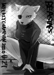  anthro asian_clothing beastars breasts canid canine clothed clothing crouching dress east_asian_clothing eye_patch eyewear female footwear fox fur greyscale high_heels mammal monochrome shoes solo spread_legs spreading ten_(beastars) text 