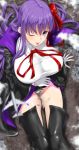  1girl absurdres bb_(fate)_(all) bb_(swimsuit_mooncancer)_(fate) black_coat boots breasts city cloud coat collared_leotard destruction fate/grand_order fate_(series) from_above giantess gloves ground_vehicle hair_ribbon highres large_breasts long_hair looking_at_viewer one_eye_closed panties panty_peek purple_eyes purple_hair rakia_(ds00309) ribbon size_difference smile solo taut_clothes thigh_boots thighhighs tokyo_sky_tree tongue tongue_out train underwear very_long_hair white_gloves white_panties 