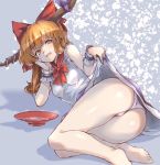  1girl arm_support ass bare_legs barefoot bow cup hair_bow head_rest highres horn_ribbon horns ibuki_suika lifted_by_self long_hair looking_at_viewer lying open_mouth orange_eyes orange_hair ototobe panties pink_panties purple_ribbon purple_skirt red_bow red_neckwear ribbon sakazuki shirt skirt skirt_lift sleeveless sleeveless_shirt smile solo touhou twisted_torso underwear white_shirt wrist_cuffs 