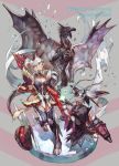  1girl animal_ears armor battle breasts cape character_name character_request cleavage cleavage_cutout copyright_name holding holding_weapon kushala_daora long_hair melynx monster_hunter monster_hunter_4 monster_hunter_4_g nishihara_isao ponytail tail weapon white_hair 