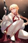  1girl absurdres ass assault_rifle bare_shoulders blonde_hair breasts cleavage commentary_request dress earrings girls_frontline gun high_heels highres jewelry legs ots-14_(girls_frontline) parted_lips red_dress rifle smile solo thighs vardan weapon 