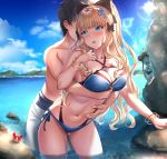  1boy 2girls aldehyde aqua_bikini bangs bare_shoulders bikini black_bikini black_bow blonde_hair blunt_bangs blush bow bracelet breasts cleavage collarbone elf hair_bow highleg highleg_bikini highres hug jewelry large_breasts layered_bikini long_hair looking_back multiple_girls navel o-ring ocean open_mouth pointy_ears ponytail princess_connect! princess_connect!_re:dive rock saren_(princess_connect!) shorts sidelocks swimsuit thighs wading 